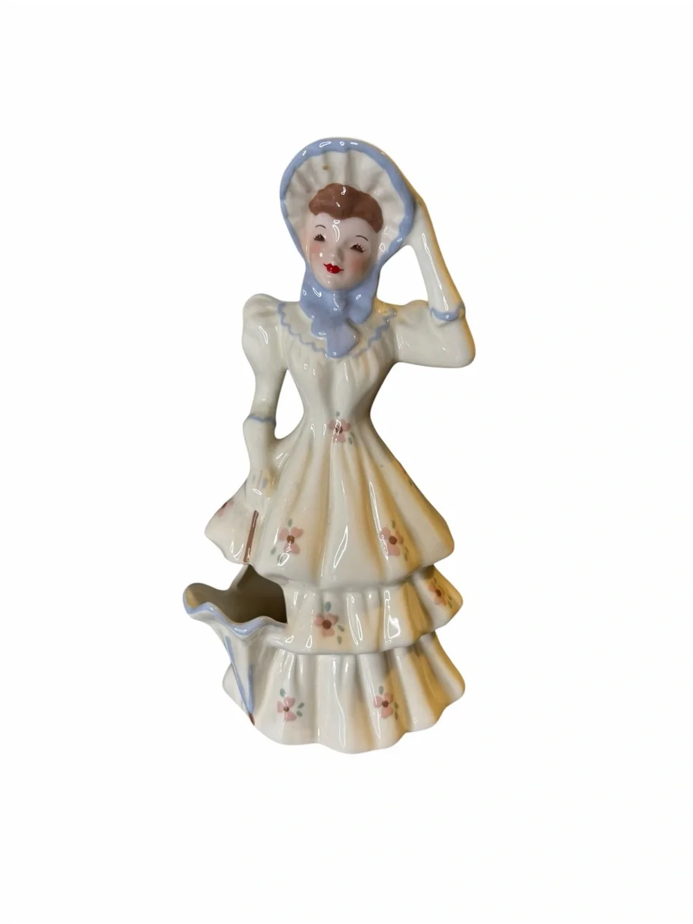 Vintage Florence Ceramics California Lady Figural Vase Bonnet Floral Dress 8”